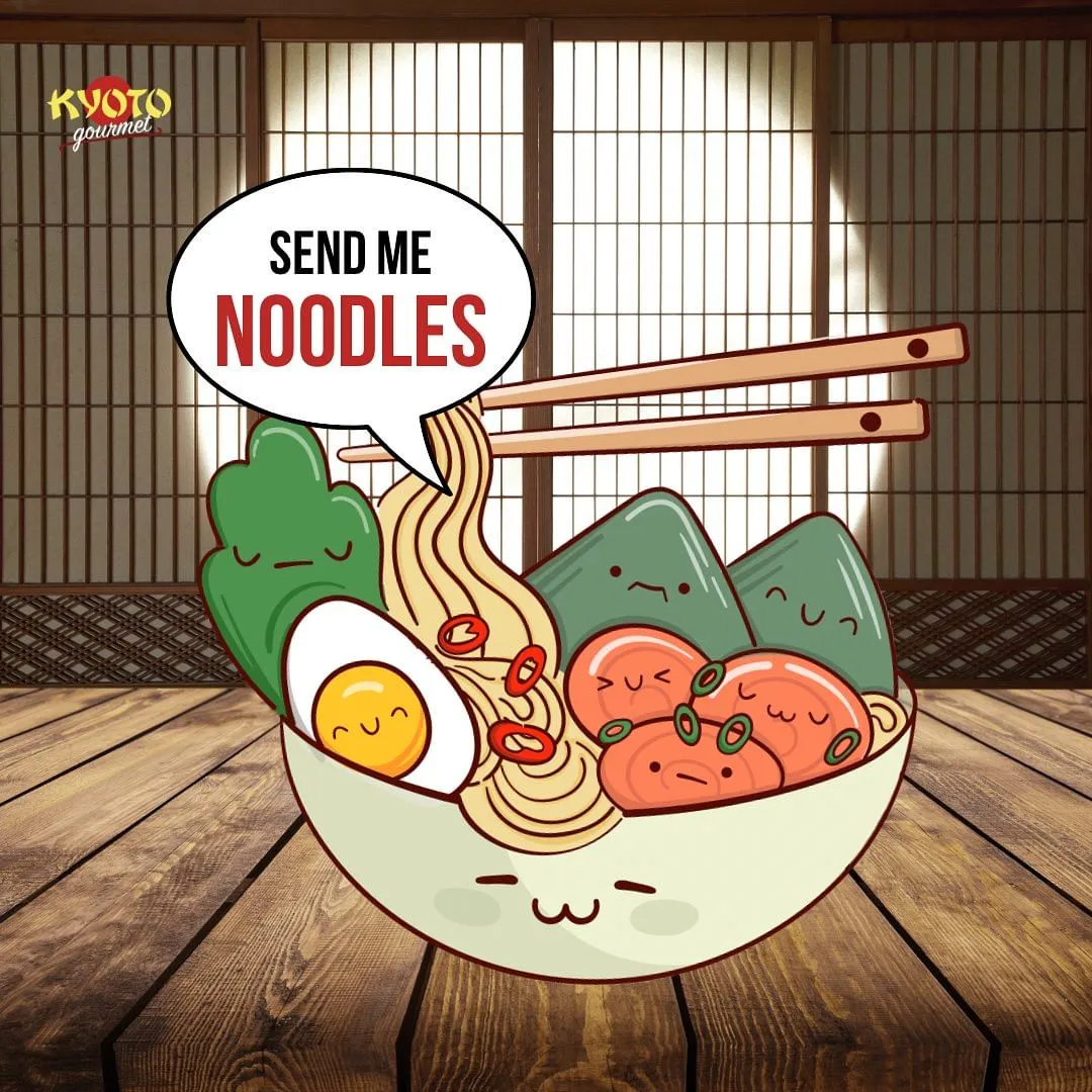 Photo by Kyoto Gourmet Las Palmas in Kyoto Gourmet Las Palmas. May be a cartoon of chow mein, ramen, noodles, chopsticks, seaweed and text that says 'KyoTo gourmet SEND ME NOODLES'. comida japonesa